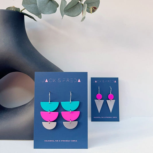 LOLA TREBLE EARRINGS - HOT PINK/TURQUOISE (SILVER)