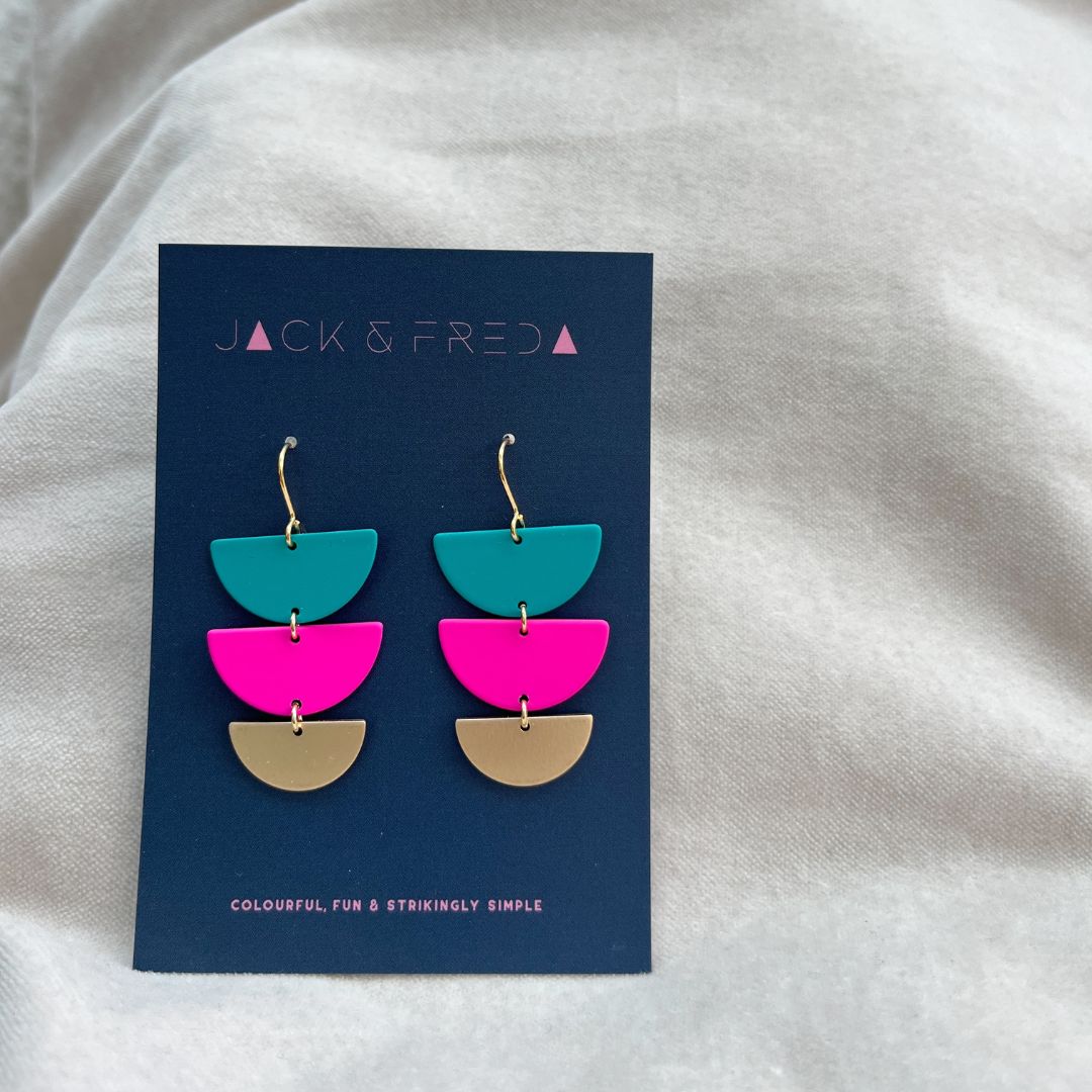 Lola Treble earrings in turquoise, hot pink and gold