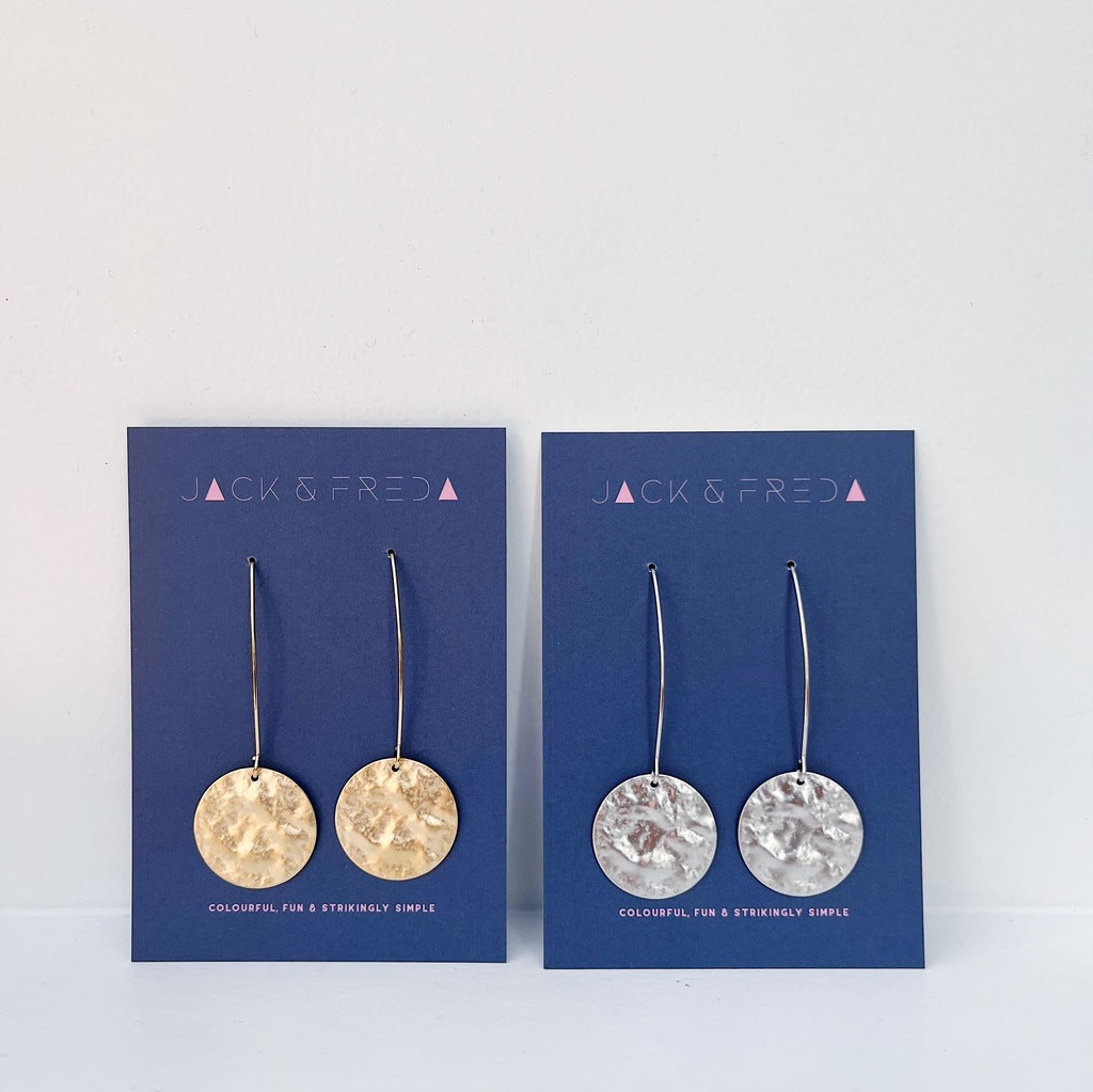 LONG DROP DISC EARRINGS SILVER GOLD