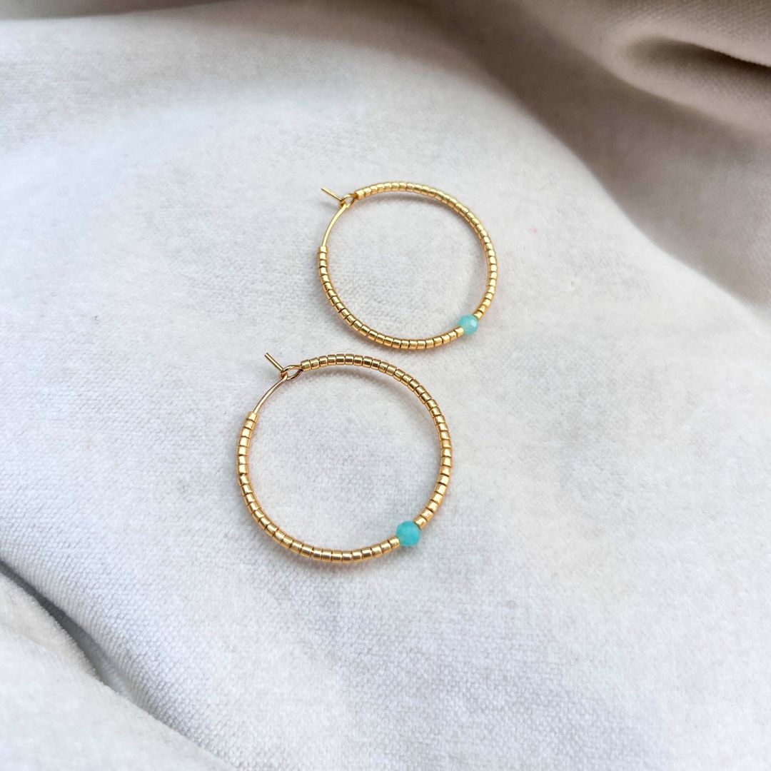 MIYUKI BEAD HOOP EARRINGS - AMAZONITE