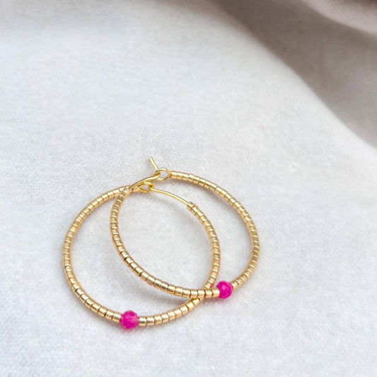 MIYUKI BEAD HOOP EARRINGS - PINK JADE